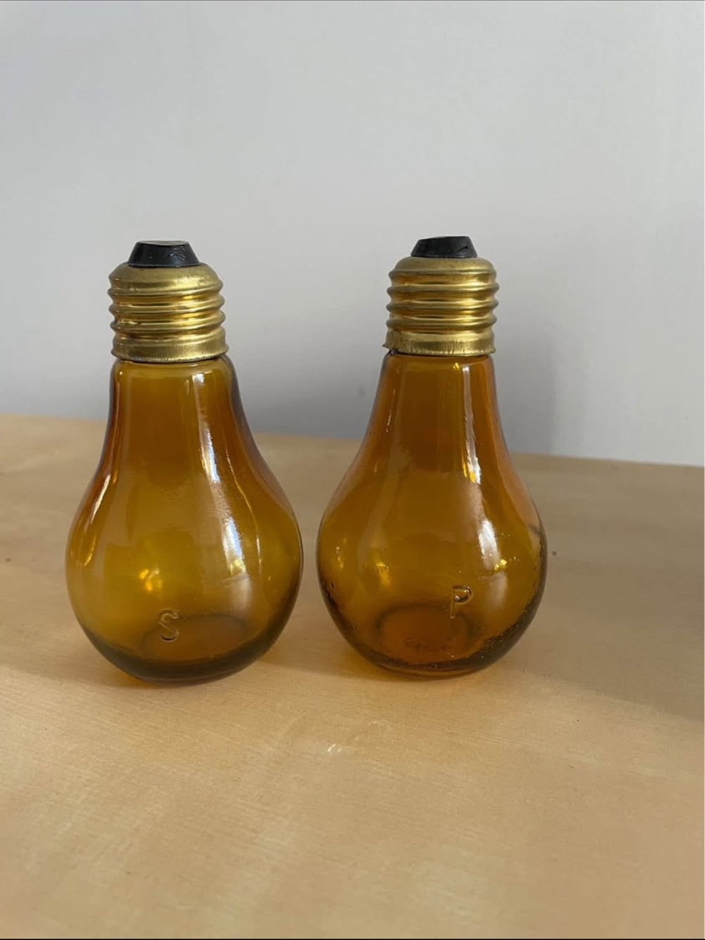 Vintage Amber Glass Light Bulb Salt and Pepper Shakers - Set of 2